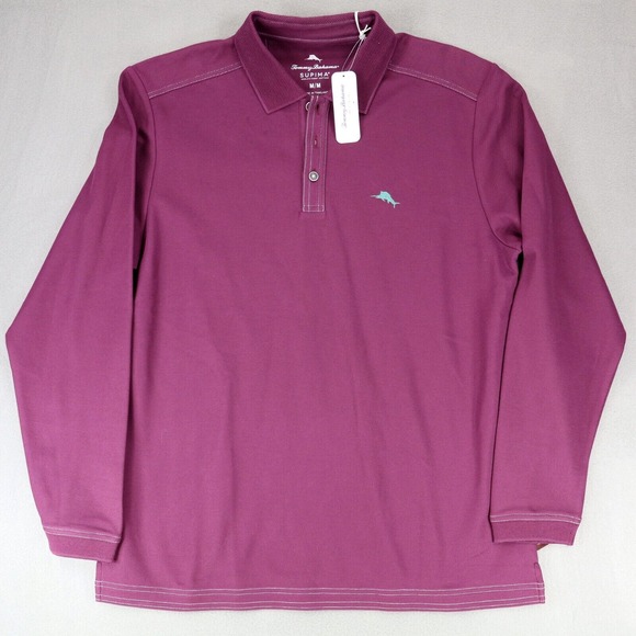 Tommy Bahama Polo Shirt Emfielder‎ Pique Embroidered Dark Purple LS Medium M